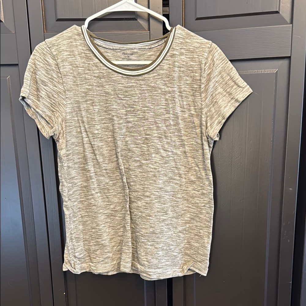 Madewell Heathered Short Sleeve Tee in Light Gray with Stripe Trim
